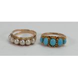 Two rings 9ct turquoise & a pearl set ring: Turquoise hallmarked 9ct,