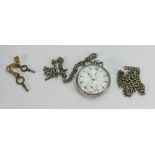 Silver gents pocket watch: Not in working order, together with 2 metal chains.