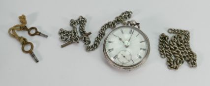 Silver gents pocket watch: Not in working order, together with 2 metal chains.