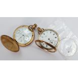 9ct gold gents Waltham pocket watch: together with gold plated similar item, both not working.