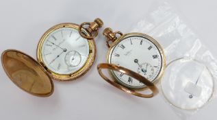 9ct gold gents Waltham pocket watch: together with gold plated similar item, both not working.