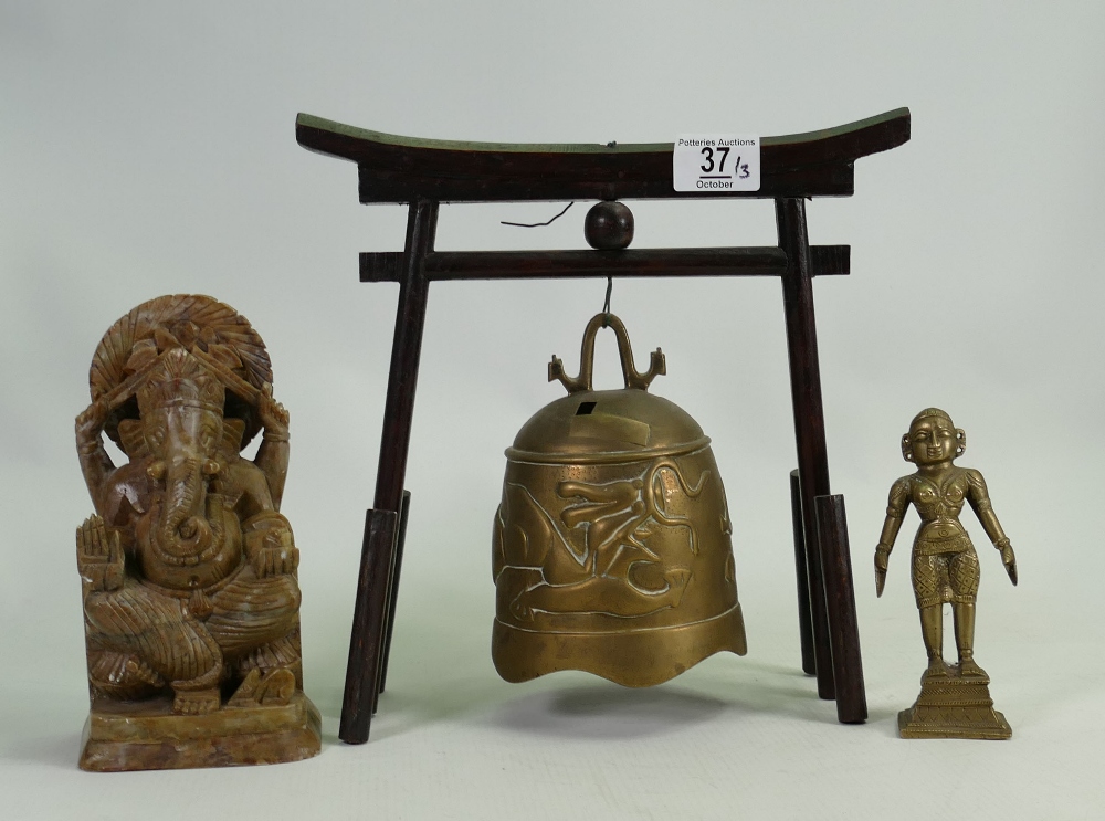 Soap stone ethnic figure: similar bronzed item and prey bell