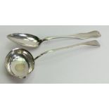 George III silver ladle & continental serving spoon: Gross weight 128.6g.