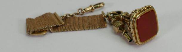 9ct gold Albertina chain & gold cased fob: Victorian watch chain, damaged, stamped 9ct,