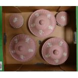 Group of 5 pink Wedgwood jasperware lidded dishes: chips to rims of 2. Tray lot.