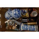 A mixed collection of items to include: Early Blue & White pottery items, Brass burner,
