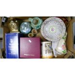 A mixed collection of items to include: Swiza brass mantle clock, Boxed Glass ware,