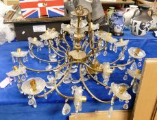 Very Large Brass 18 Branch Chandelier with faceted droppers : with matching candle bulbs,