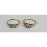 Two diamond rings: A 3 stone and a single stone ring, both set in yellow coloured metal,