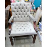 Pale green Buttoned Mahogany Framed Arm Chair: