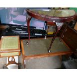 Leather Topped drop end coffee table: together damaged hall table and similar smaller item(3)