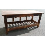 Large Pitch Pine & Oak Topped Industrial Work Table: brass plaque and opening top for storage.