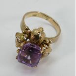 14k gold ladies dress ring set with large amethyst stone, 5.6g.