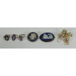 A collection of Wedgwood Jasperware jewellery items: including 9ct gold ring,