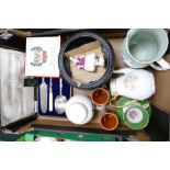 A mixed collection of items to include: cased silver plated serving set, Royal Chelsea tea pot,