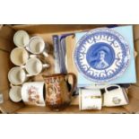 A mixed collection of items to include: commemorative mugs and tankards,