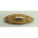 Victorian 9ct rose gold ornate brooch set with ruby and seed pearls, 3.8g.