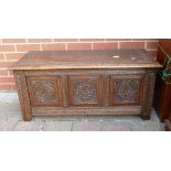 Oak £ Panel Coffer: with Poker Work Panel,