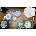 A mixed collection of items to include: Wedgwood Jasperware candlestick, lidded pots,