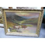 Highland Cattle Scene, Oil on canvas,