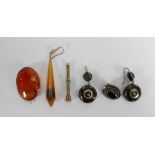 Group of antique jewellery: Inlaid earrings, onyx brooch & an odd earring possibly gold mounted,