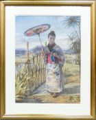 Alphonse Auguste J.Lemaire watercolour painting: "The Japanese Girl" in landscape in gilt frame.