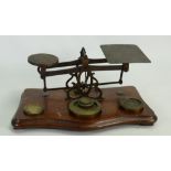 Brass On Oak Antique Postal Scales: complete with weights