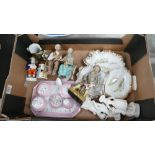 A mixed collection of items to include: Early Bon Bon Dish, decorated dressing table set,