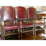 Reproduction Oak Leather Upholstered Dinning Chair: two carvers noted(6)