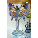 Bronzed Resin Leaded Glass Effect Art Deco Lady Figure Table Lamp: