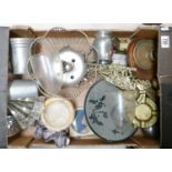 A mixed collection of items to include ornamental brass ware: pewter tankards,