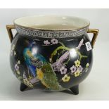 Large Staffordshire Hand Decorated Cauldron: decorated with Peacocks & Flowers 23cm
