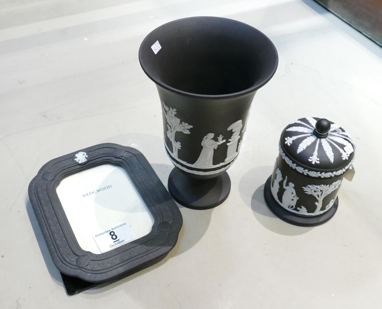 Wedgwood black basalt items to include: picture frame, vase,