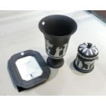 Wedgwood black basalt items to include: picture frame, vase,