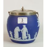 Wedgwood dipped blue biscuit barrel with silver plated fittings: height 13.