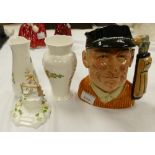 Royal Doulton large Character Jug Golfer D6623: together with Aynsley Cottage Garden Vases &