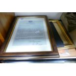 A mixed collection of framed items to include: RAF Officers Promotional certificate,