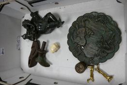 Large oriental brass / bronze elephant god & other items: Japanese brass / bronze plate,
