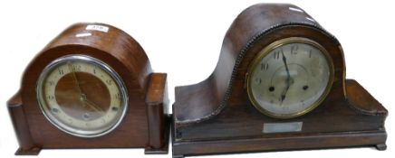 Two Oak Cased Mantle Clocks: width of largest 39.