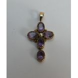 9ct gold amethyst & pearl set cross: Weight 3.3g, suspending loop slightly bent.