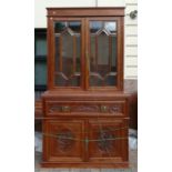 Edwardian Carved Walnut Secretaire Glazed Bookcase: