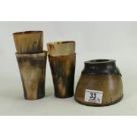 19th Century Presentation stamped mounted ink well inform of horses hoof's: with four horn beakers