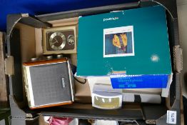 A mixed collection of items to include: Roberts DAB radio, Quartz Mantle clock,