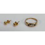 Pair 18ct gold stud earrings 0.8g and 9ct ladies diamond & sapphire ring , size P,2.3g.