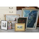 A large collection of framed art works including landscapes, Still life studies,