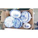 A large collection of Blue & White items to include: CompoRts, early footed tureen, plate warmer,