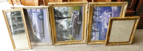 3 large Gilt Framed Prints of Cars: together with additional wall mirror(4)