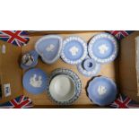Group of 9 Wedgwood blue Jasperware items: A small tray lot including dishes, lighter etc.