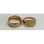 9ct gents rings: including 9ct wedding ring size R and signet ring size T , 13.2g.