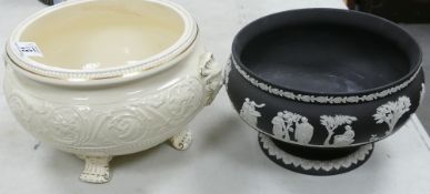 Wedgwood Black Jasper Ware Footed Fruit Bowl: together with similar cream ware bowl(lid missing)